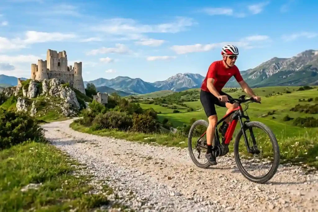 Ciclista in e-bike lungo la Ciclovia 99 Castelli in Abruzzo con Rocca Calascio sullo sfondo.