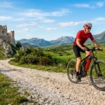 Ciclista in e-bike lungo la Ciclovia 99 Castelli in Abruzzo con Rocca Calascio sullo sfondo.