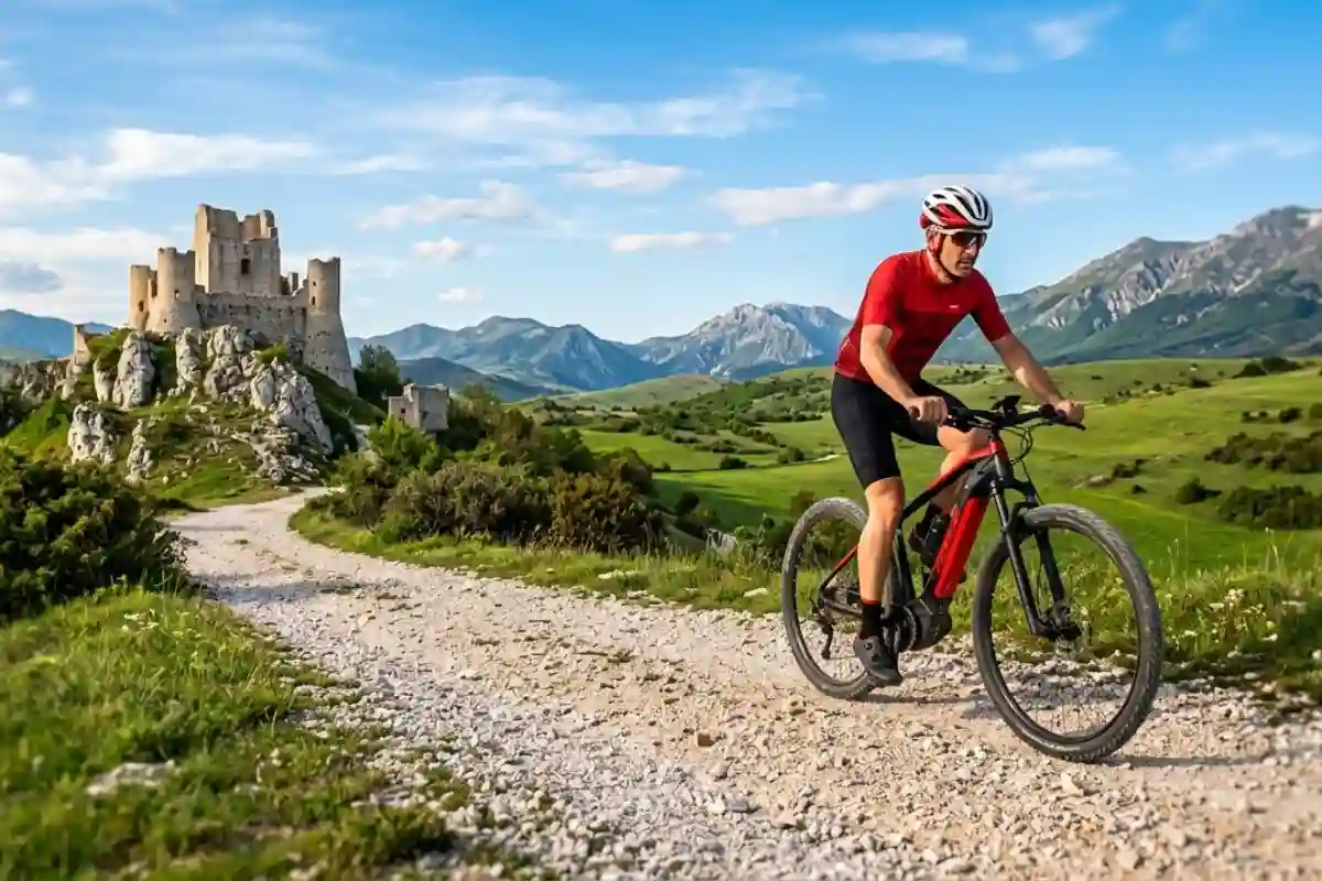 Ciclista in e-bike lungo la Ciclovia 99 Castelli in Abruzzo con Rocca Calascio sullo sfondo.