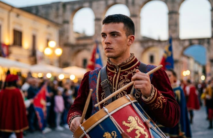 Primo piano di un tamburino del Sestiere Porta Manaresca in costume storico durante la Festa dei Fuochi a Sulmona, 18 aprile 2026.
