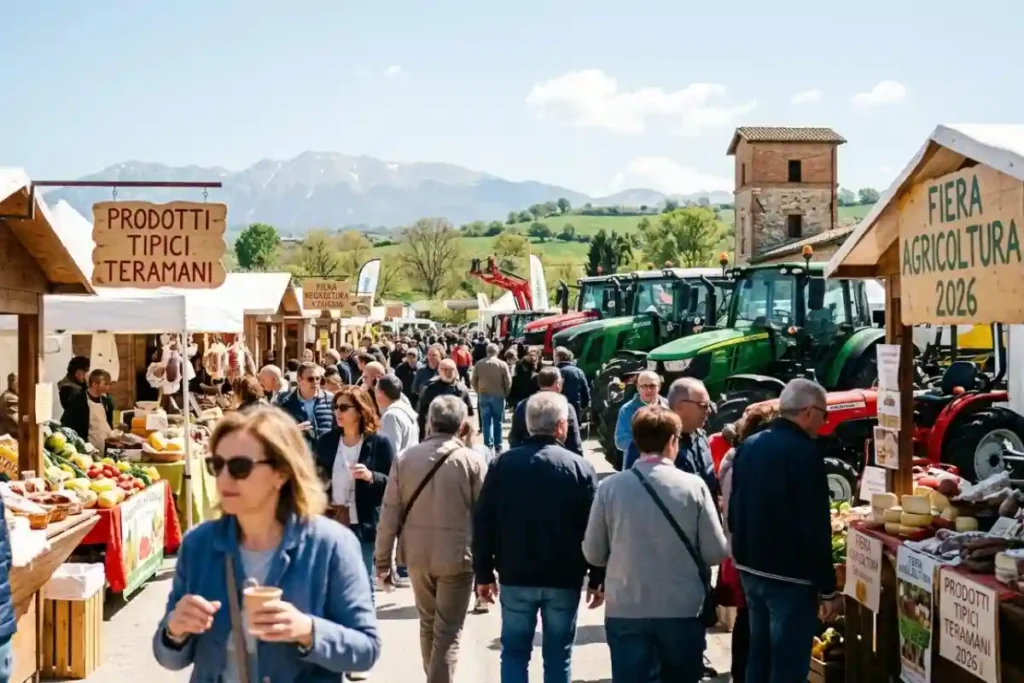 Fiera dell'Agricoltura Teramo 2026: stand di prodotti tipici abruzzesi, trattori in esposizione e visitatori durante il ponte del 25 aprile in Abruzzo.
