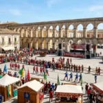 Piazza Garibaldi a Sulmona durante la Festa dei Fuochi del 18 aprile 2026: folla, stand dei Sestieri e l'Acquedotto Svevo sullo sfondo.
