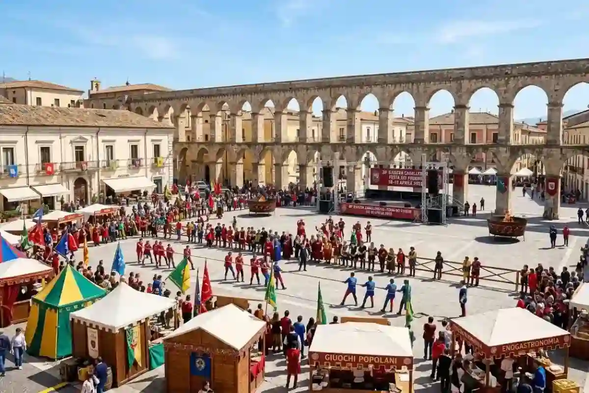Piazza Garibaldi a Sulmona durante la Festa dei Fuochi del 18 aprile 2026: folla, stand dei Sestieri e l'Acquedotto Svevo sullo sfondo.