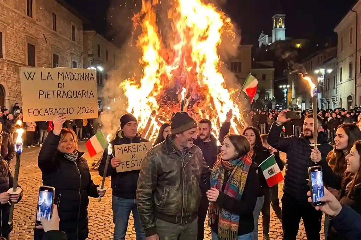 Primo piano folla e ragazzi che fotografano il falò (focaraccio) per la festa della Madonna di Pietraquaria 2026 ad Avezzano (Abruzzo) in piazza con cartello del rione.