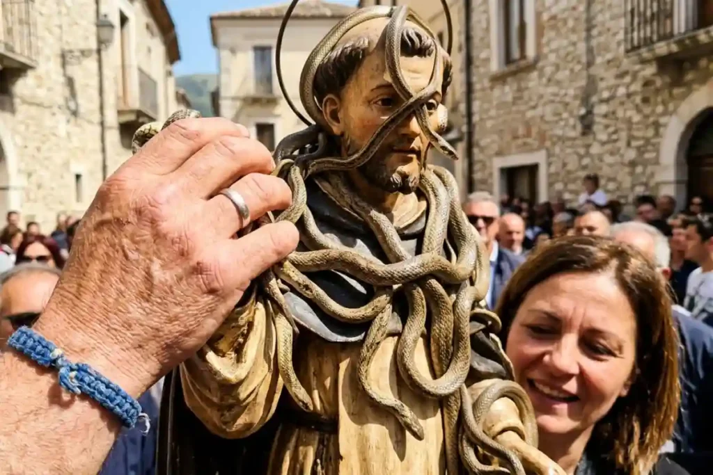 Festa dei Serpari Cocullo 2026: dettaglio della statua di San Domenico ricoperta di serpenti durante la processione del 1° maggio in Abruzzo.