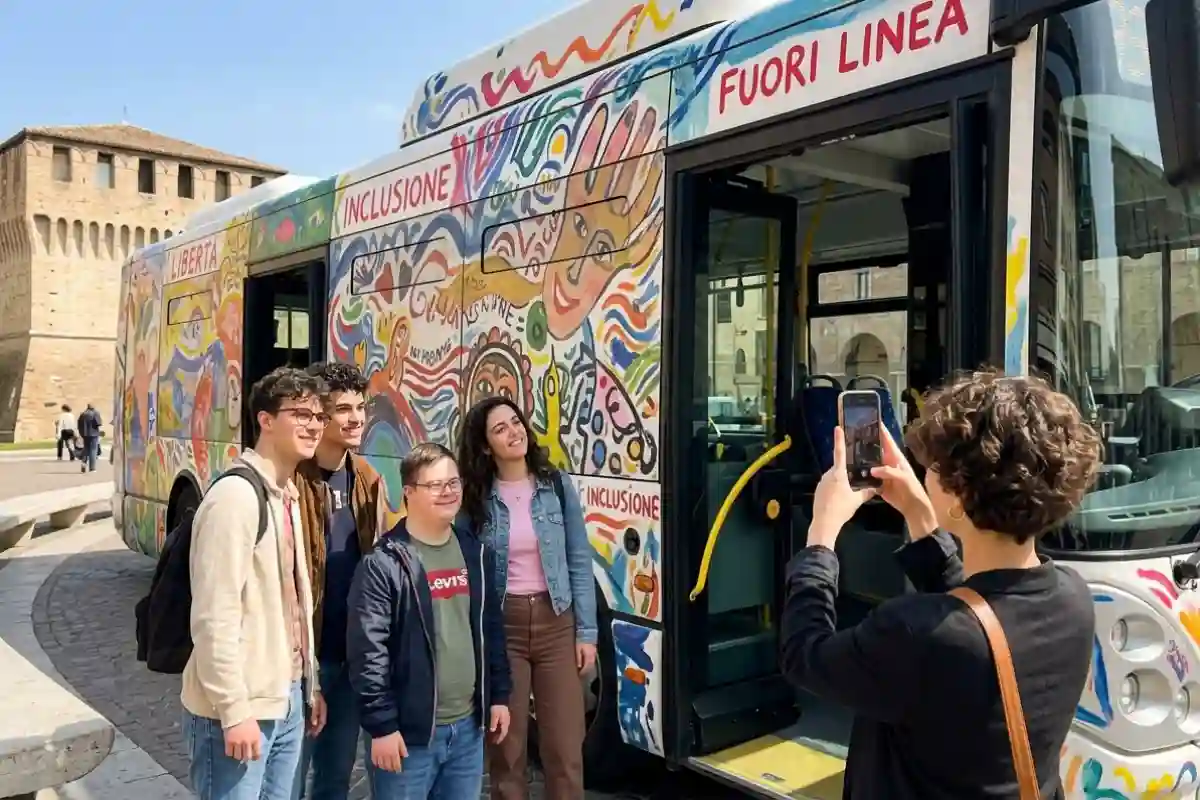 Autobus Start Romagna "Fuori Linea" decorato a mano in Piazza Malatesta a Rimini per la Giornata Mondiale del Disegno 2026.