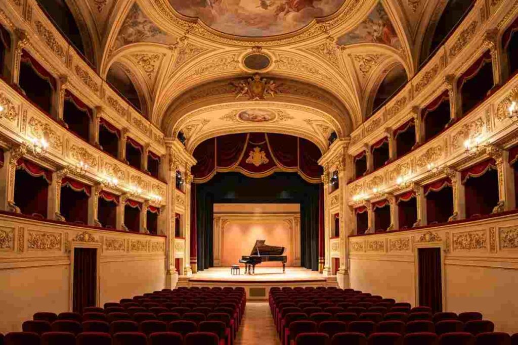Interno restaurato Teatro San Filippo L'Aquila barocco, platea e palco con pianoforte per Capitale Italiana della Cultura 2026.