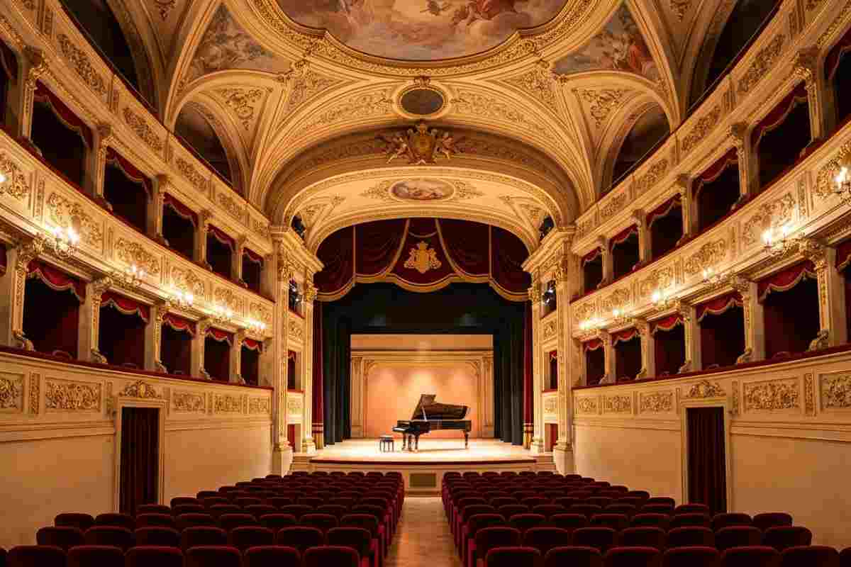 Interno restaurato Teatro San Filippo L'Aquila barocco, platea e palco con pianoforte per Capitale Italiana della Cultura 2026.