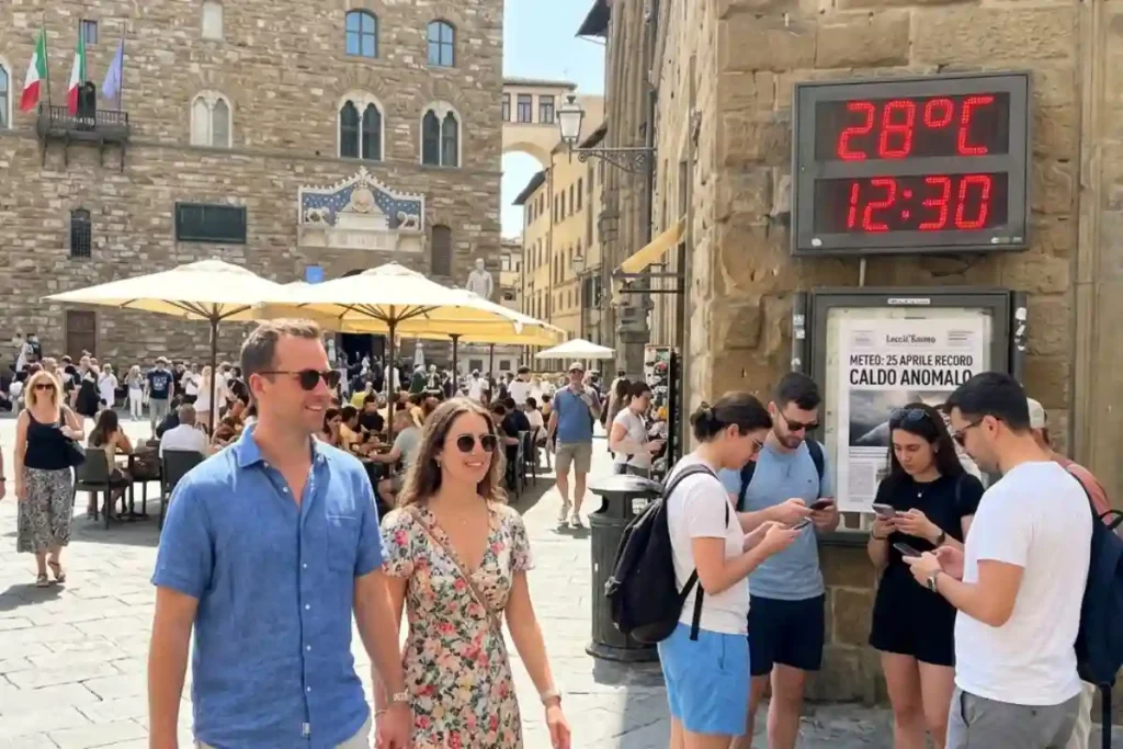 Turisti a Firenze in Piazza della Signoria con un termometro digitale che segna 28°C il 25 Aprile, mostrando il caldo anomalo record.