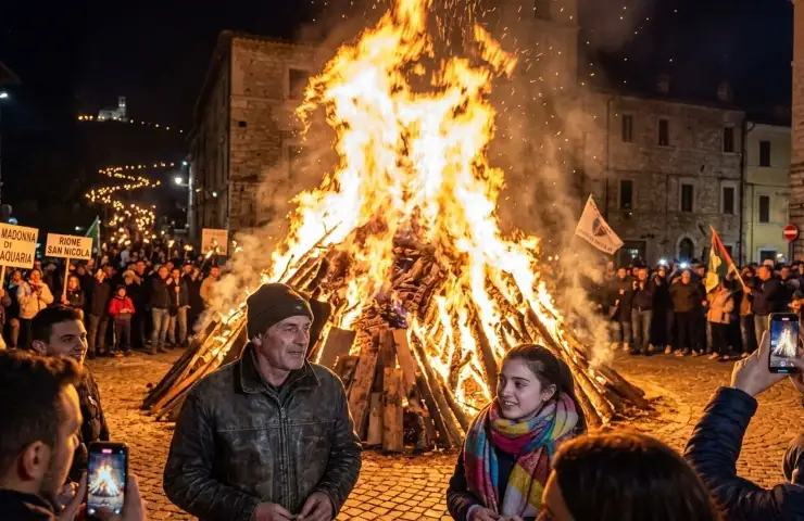 Enorme falò (focaraccio) acceso nella piazza storica di Avezzano per la notte di Pietraquaria (aprile 2026) con folla, cartelli e il Santuario illuminato sullo sfondo.