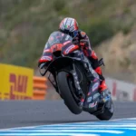 Marco Bezzecchi su Aprilia nel corso delle prove libere del GP di Spagna 2026.