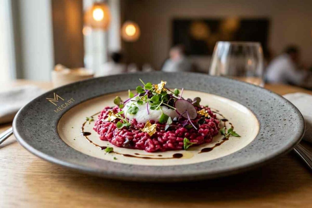 Piatto personalizzato Mecart con risotto gourmet: marketing sensoriale e design per la ristorazione nel 2025.