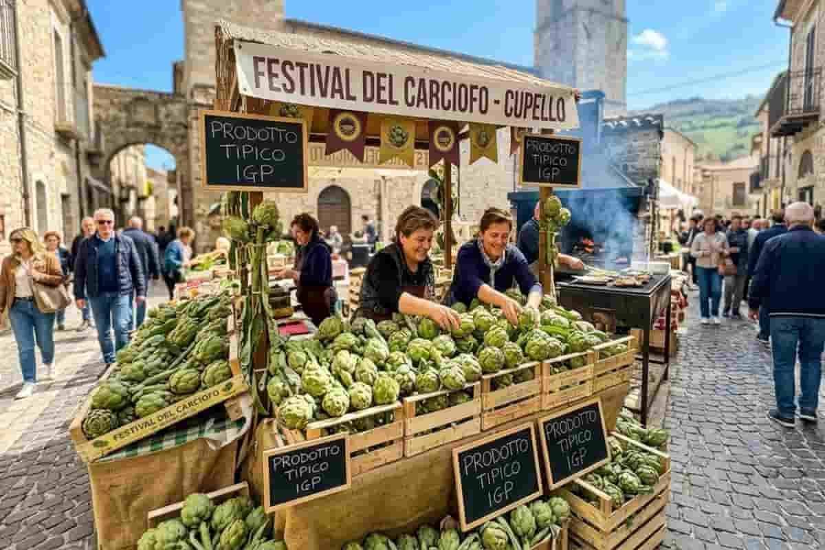 Festival del Carciofo a Cupello: stand gastronomico con prodotti tipici IGP e folla nel borgo durante il ponte del 25 aprile in Abruzzo.