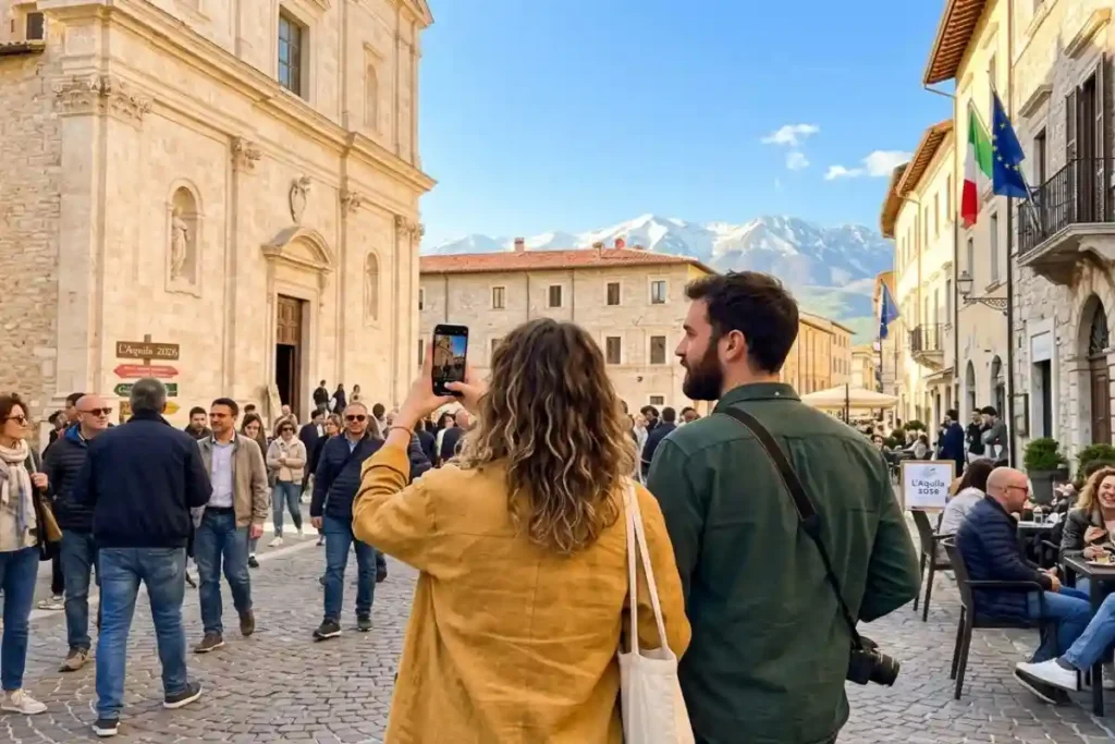 Turisti in centro storico a L’Aquila durante il ponte del 25 aprile 2026, con vista sulle vette innevate del Gran Sasso e cartelli informativi della Capitale Italiana della Cultura.