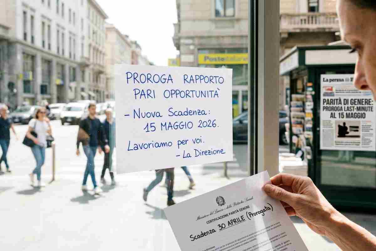 Avviso su vetrina ufficio proroga rapporto biennale pari opportunità 15 maggio 2026 e documento ufficiale Ministero del Lavoro su parità di genere.