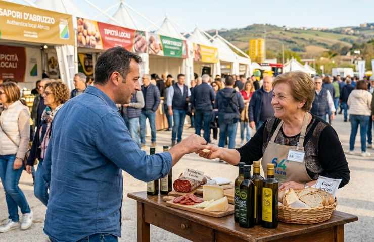 Stand enogastronomico con assaggi di salumi e formaggi tipici abruzzesi alla 64ª Fiera dell'Agricoltura di Lanciano 2026.