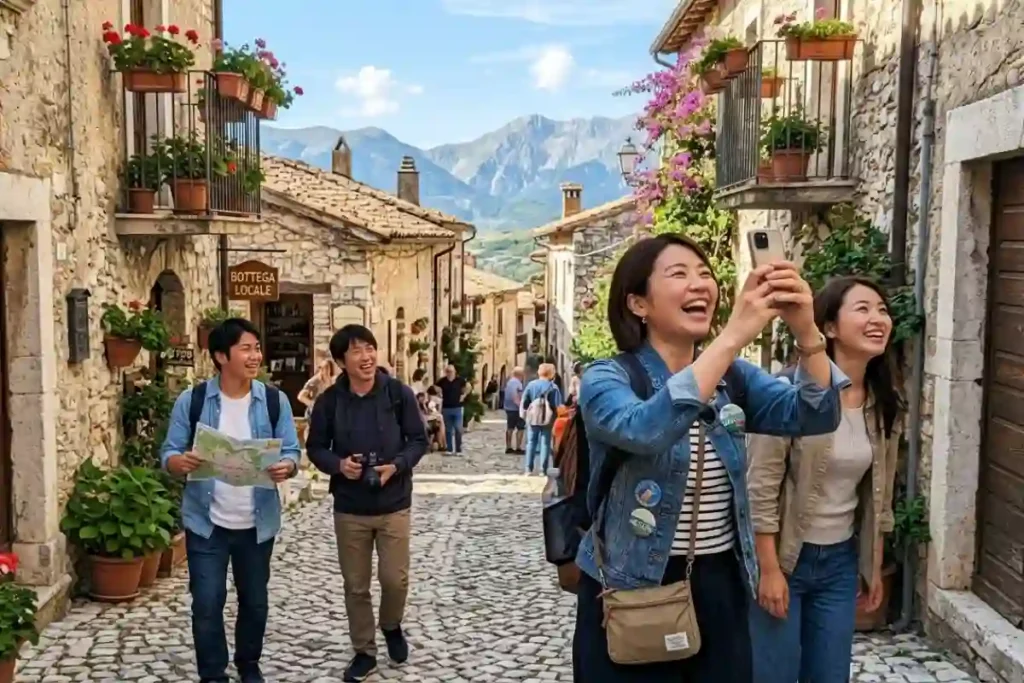 Turisti giapponesi sorridenti scattano foto in un borgo medievale dell'Abruzzo, montagne Gran Sasso sullo sfondo, luce solare estiva, turismo esperienziale 2026.