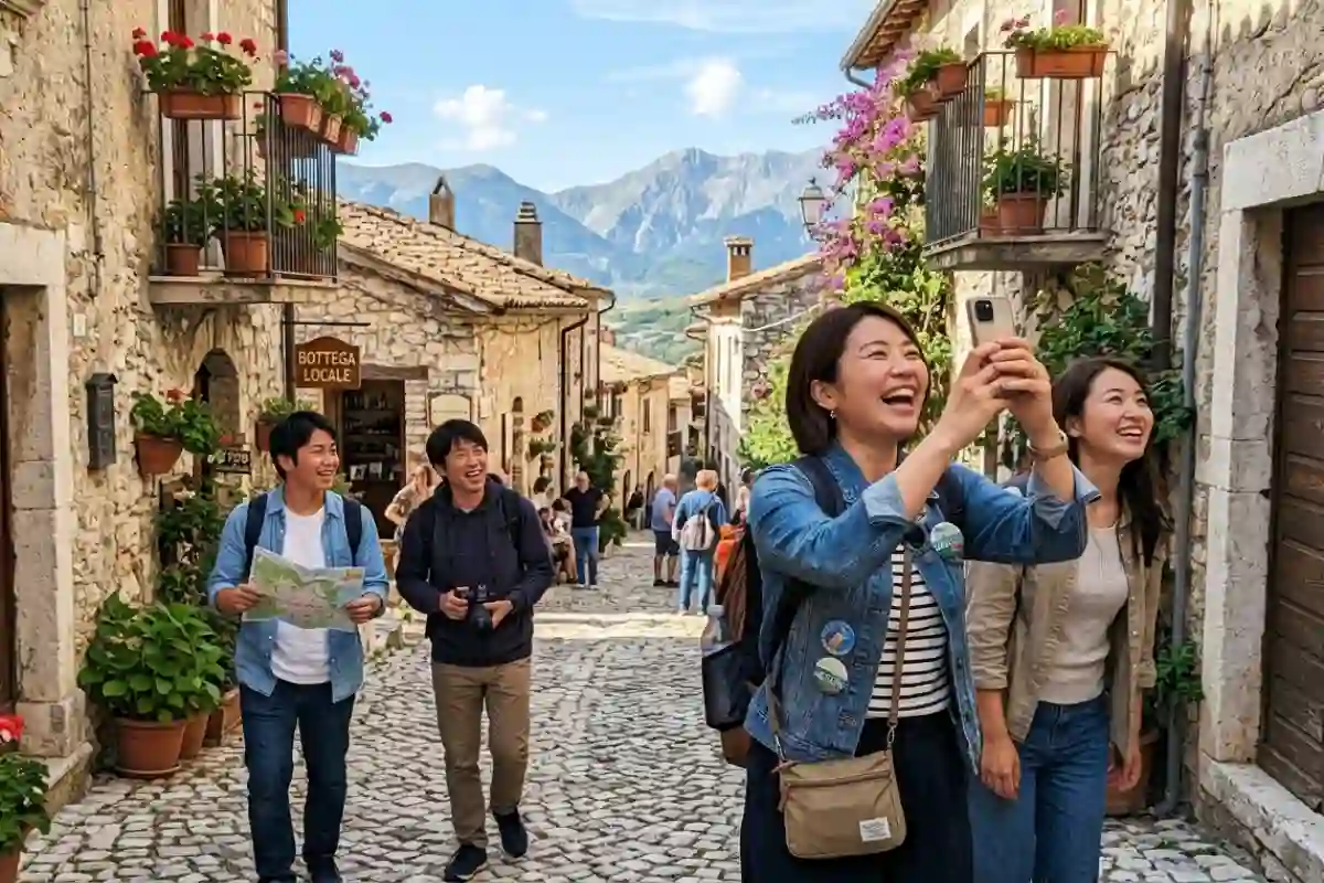 Turisti giapponesi sorridenti scattano foto in un borgo medievale dell'Abruzzo, montagne Gran Sasso sullo sfondo, luce solare estiva, turismo esperienziale 2026.