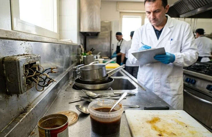 Ispettore della sicurezza annota grave violazione delle norme nella cucina di un ristorante.