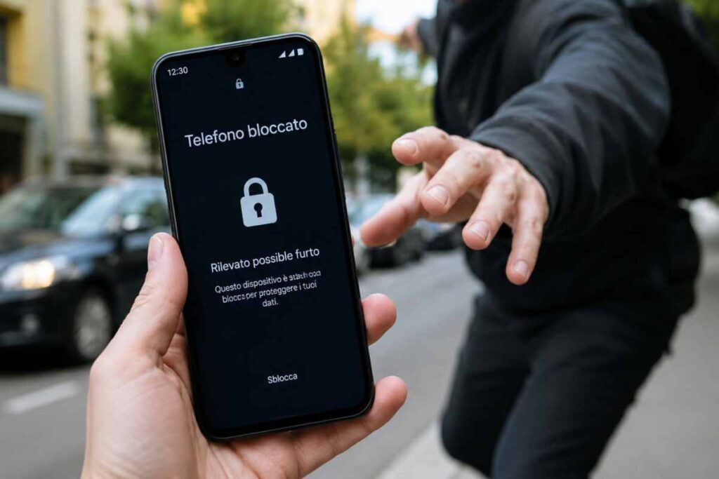 Smartphone Android che si blocca automaticamente durante un tentativo di furto grazie alla nuova protezione anti-scippo di Google.