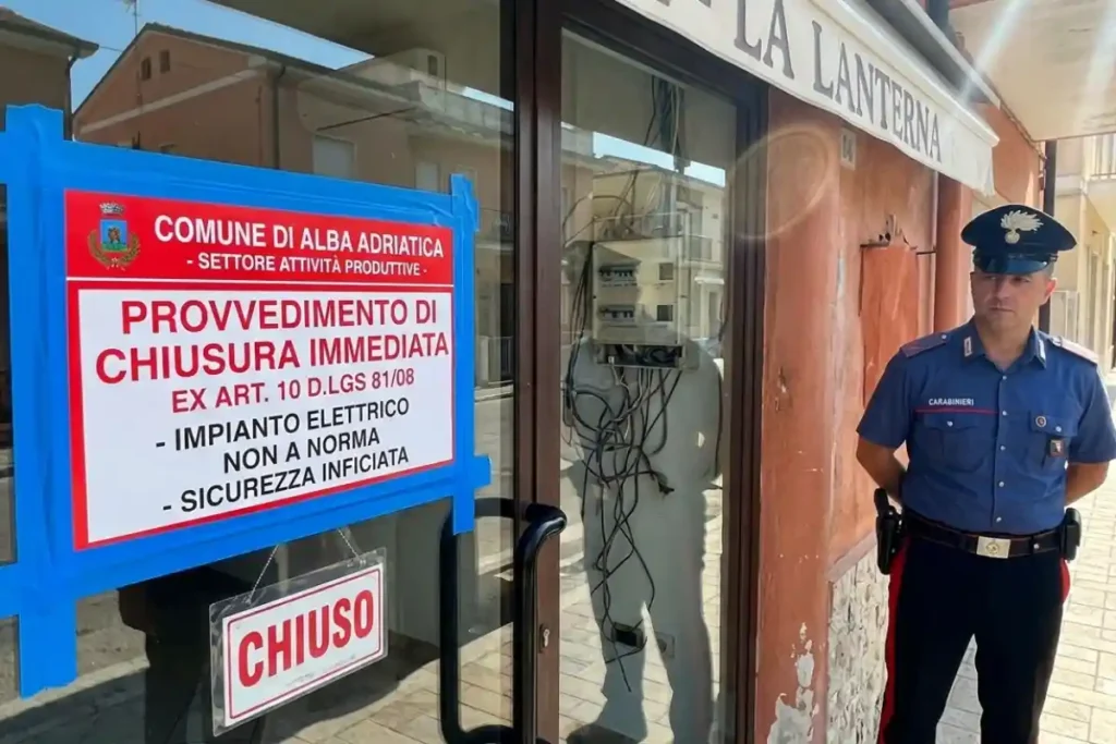Carabiniere davanti all'ingresso di un ristorante chiuso per inadempienze sulla sicurezza.