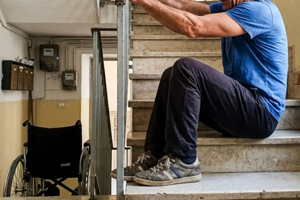 Uomo disabile a Sulmona sale le scale di un condominio trascinandosi con la forza delle braccia.