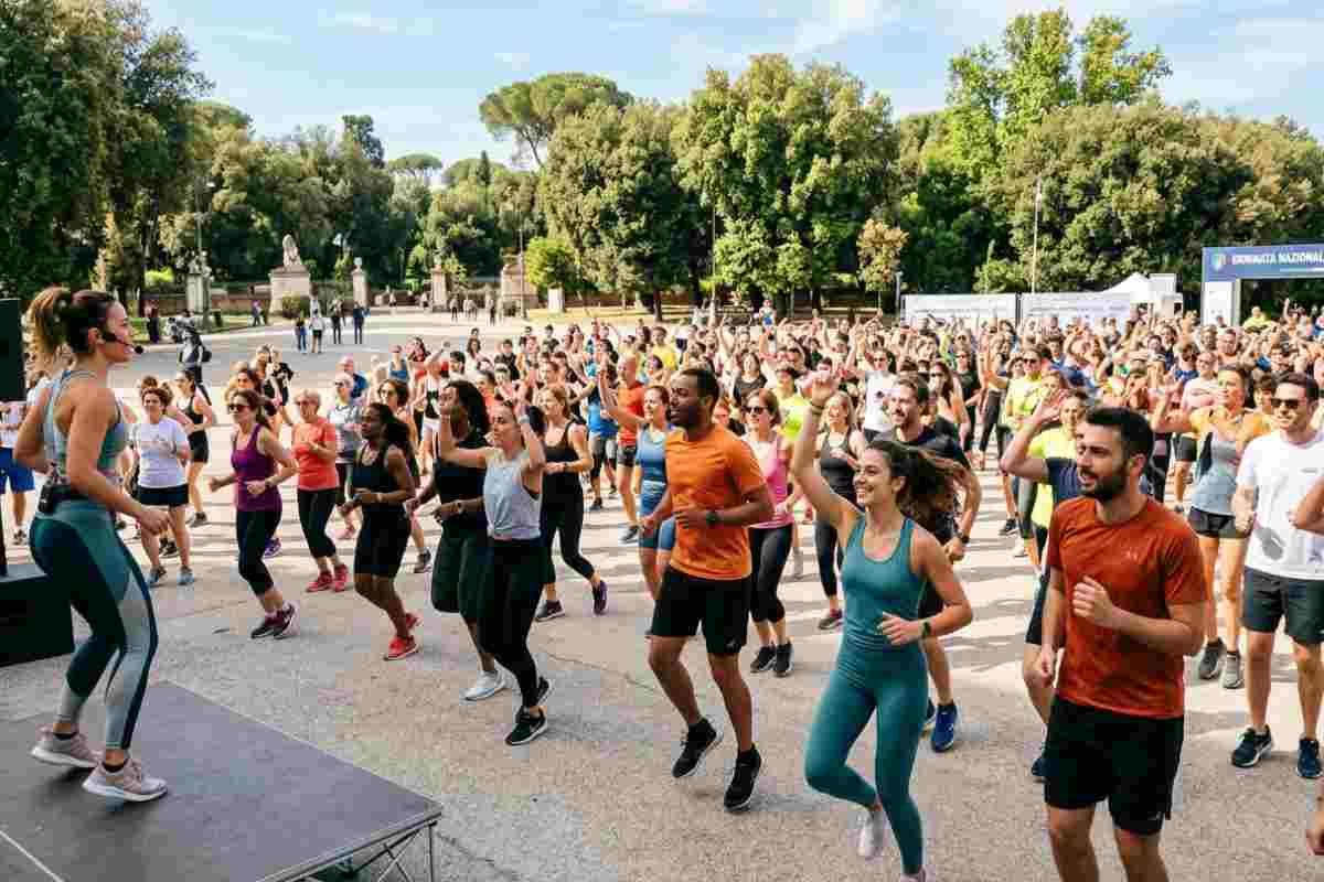 Grande gruppo di persone che fa fitness all'aperto a Roma per la Giornata Nazionale dello Sport, evento di ginnastica e corsa in un parco italiano.
